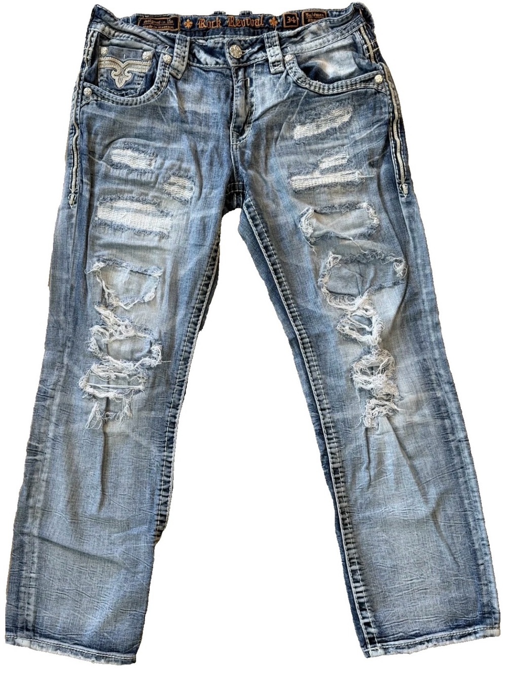 Rock Revival Baldwen Slim Straight Men's Jeans 34 Blue Distressed Embroidered